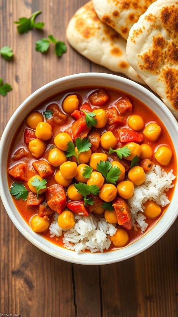 A bowl of chickpea curry with rice and naan, garnished with cilantro on a rustic table.